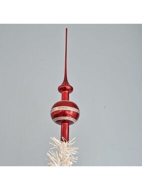 Vintage Glass Christmas Tree Topper Red With Silver Glitter Stripes 11.5" Long